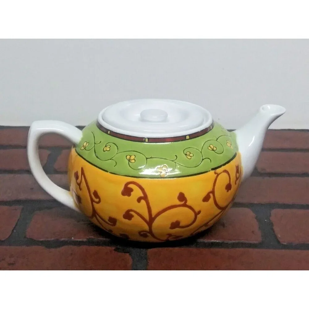Pier 1 Teapot Sake China Orient Yellow Green Red White Etched Floral 26 Oz EUC